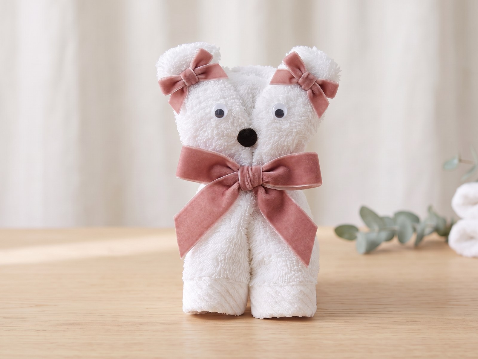 Fertiges Handtuch-Kätzchen mit rosa Samtschleife am Hals und Samtschleifchen an den Öhrchen