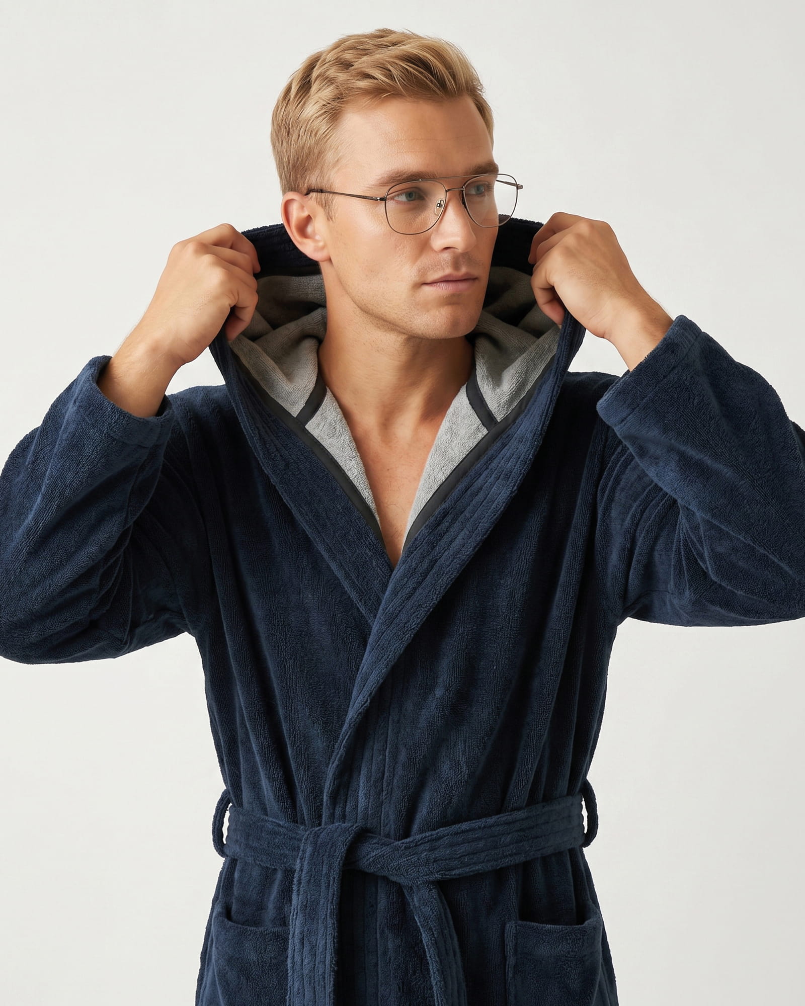 Cawö Home Bademäntel Herren Kapuze Doubleface 831 ocean - 19 - L