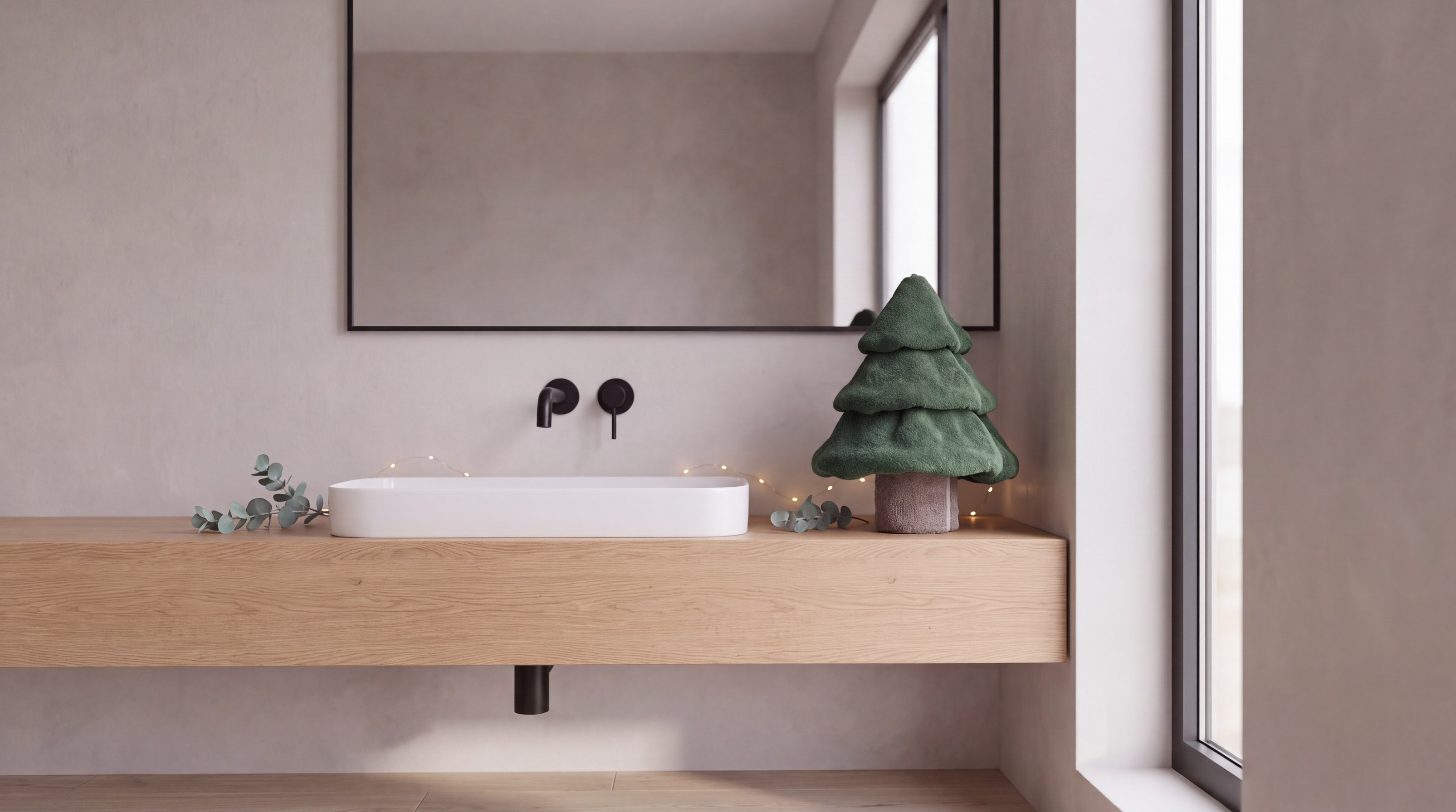 Tannenbaum aus einem dunkelgrünen Handtuch mit Stamm aus einem taupefarbenen Waschlappen auf einem Waschtisch aus Eiche