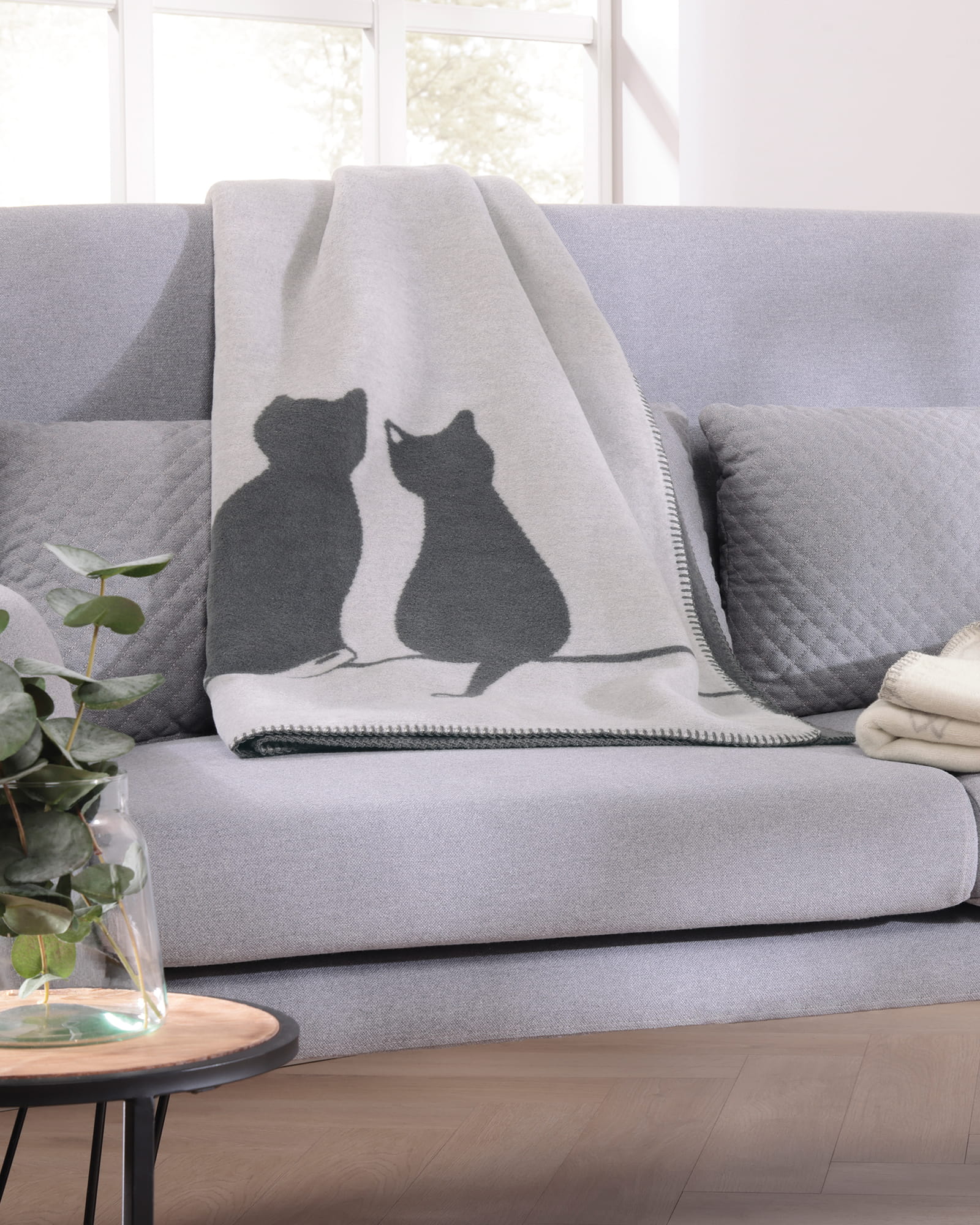 Cawö Home Wohndecken CUTE CATS EDITION You & Me 62630 stein/anthrazit - 70 - 150x200 cm