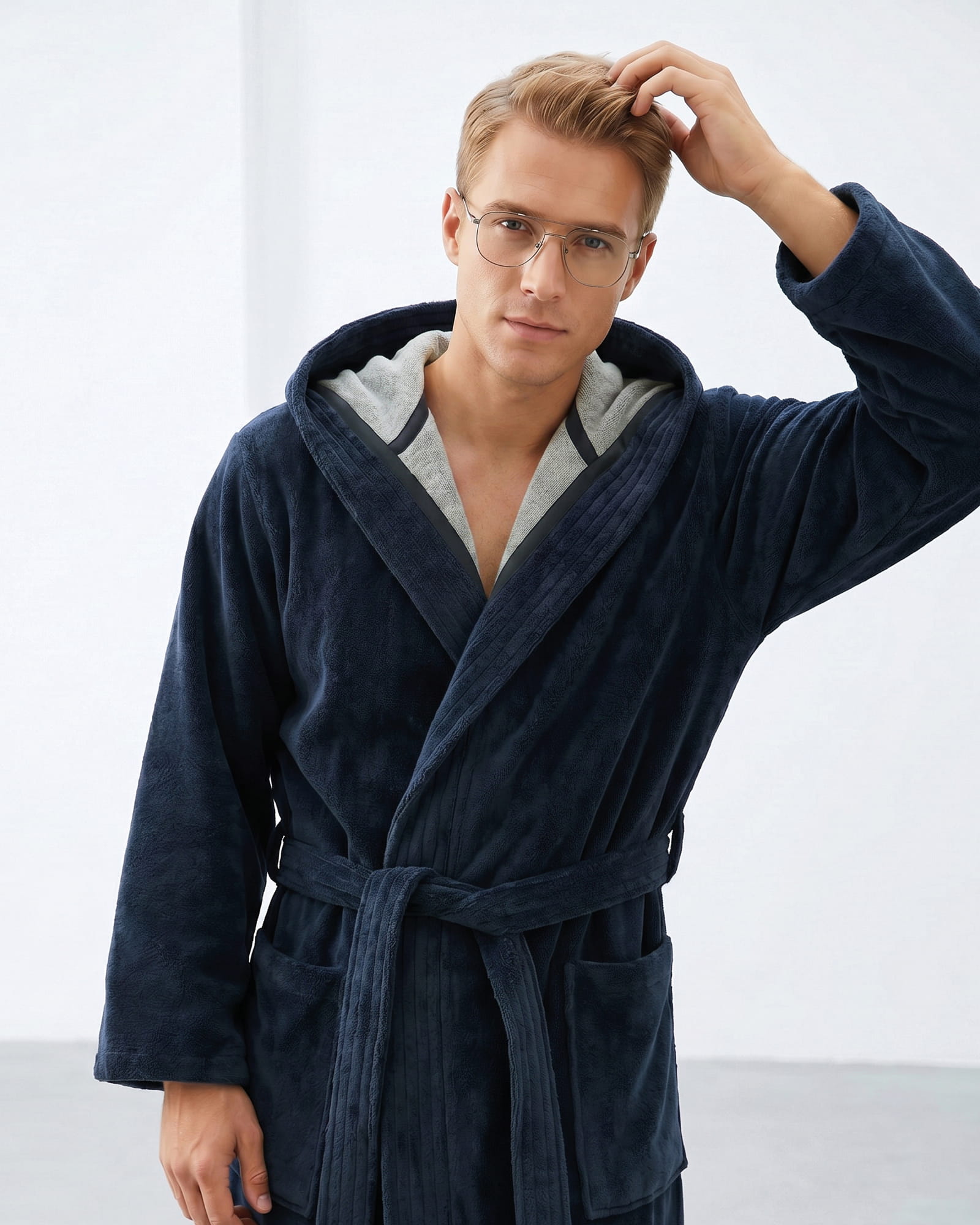 Cawö Home Bademäntel Herren Kapuze Doubleface 831 ocean - 19 - L