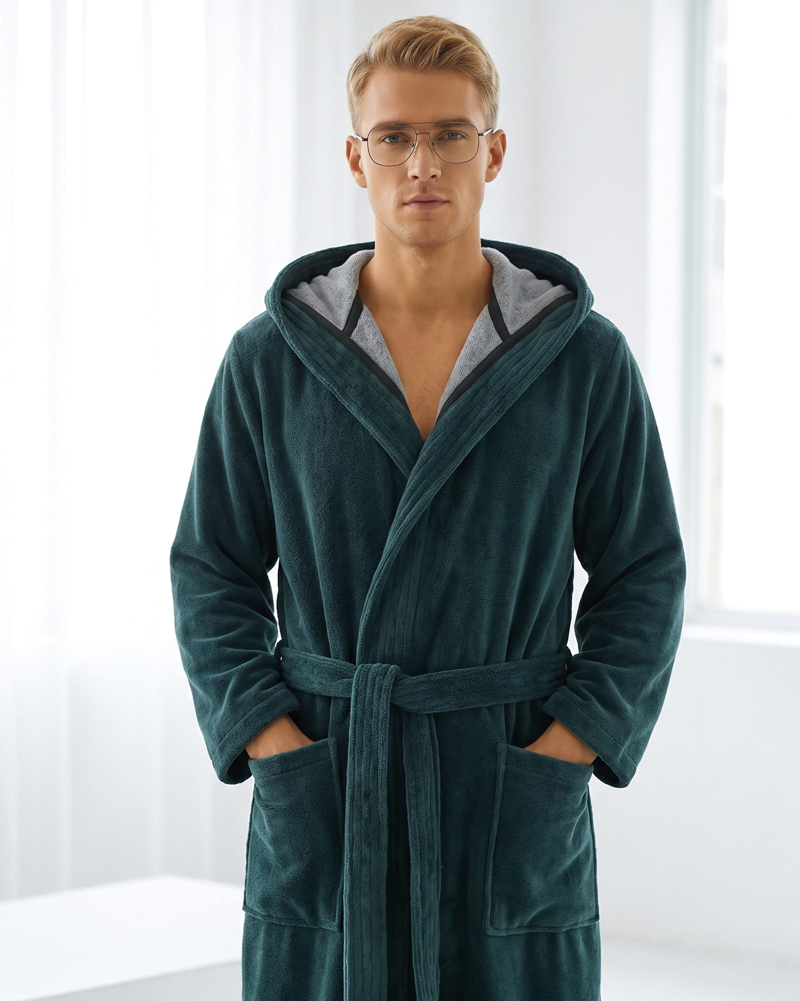 Cawö Home Bademäntel Herren Kapuze Doubleface 831 petrol - 49 - L
