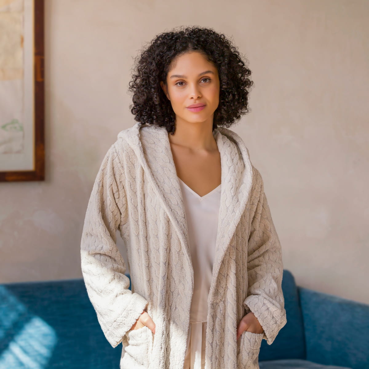 Cawö Bademantel Damen SAUNA Cotton & Hemp - Kapuze Natur 70% Baumwolle 30% Hanf